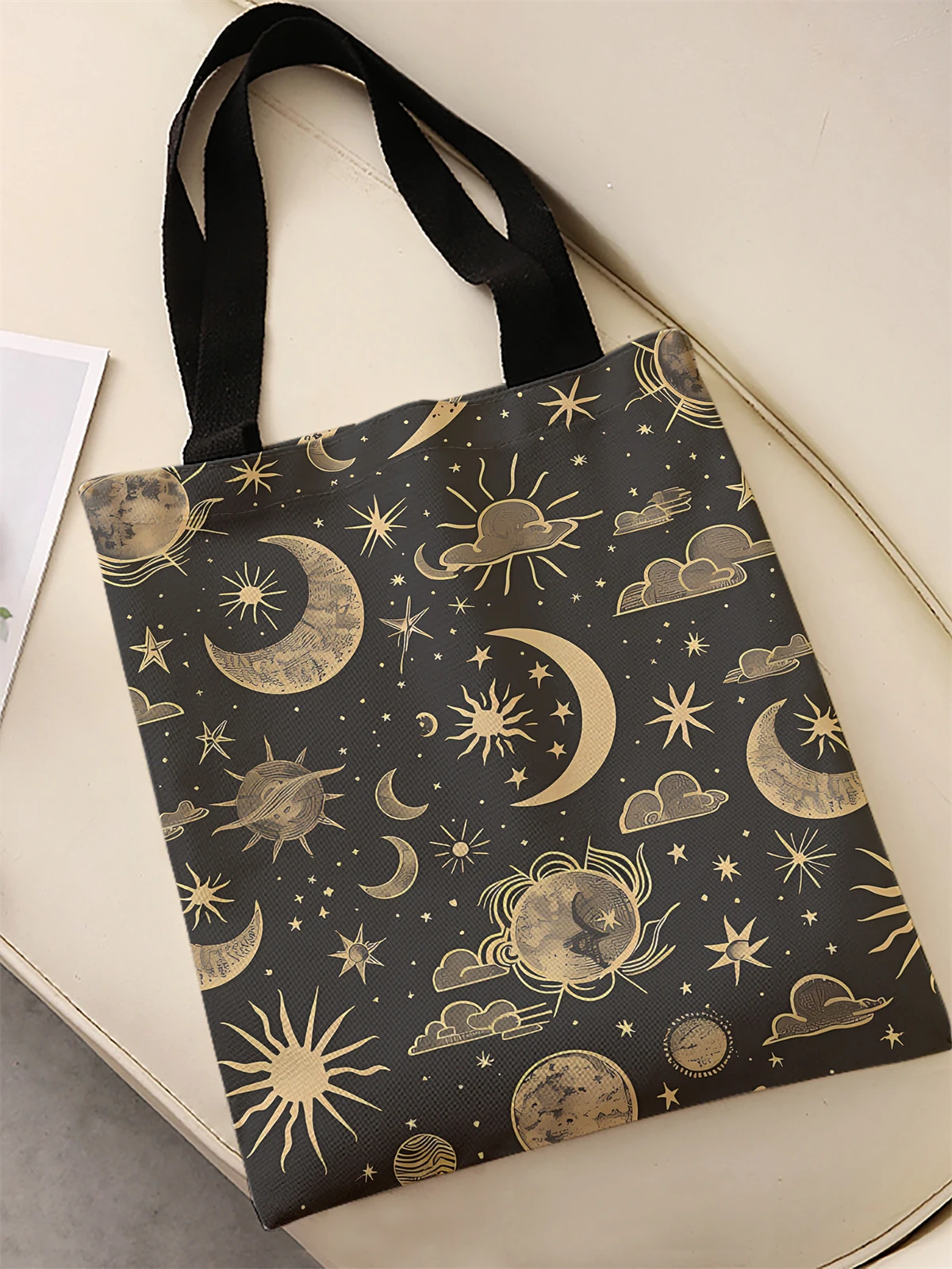 Moon and star pattern printed casual handbag, reusable fashionable backpack, multifunctional handbag, canvas shopping bag