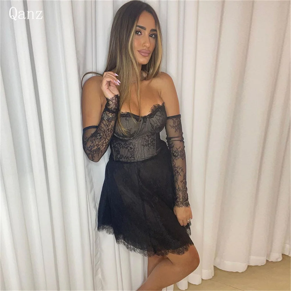 

Qanz Modern Black Prom Dresses Sweetheart Long Sleeves Lace Appliques Birthday Dress Woman Short Corset Back Cocktail Dresses