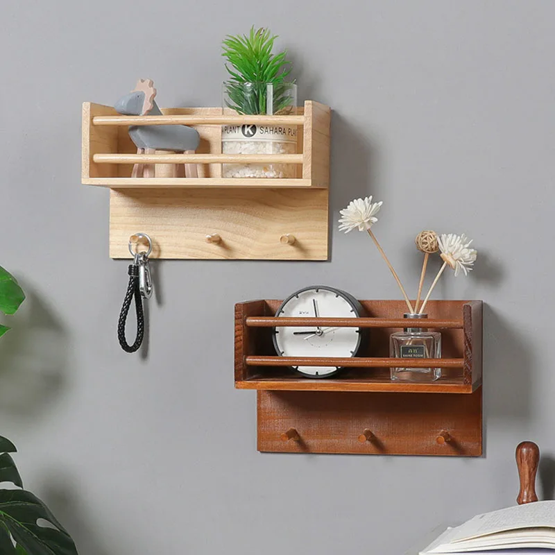 Multifunctional Retro Wooden Wall Shelf Home Decoration Accessories Storage  Organizer Key Hanger Shelves For Bedroom Hooks - AliExpress
