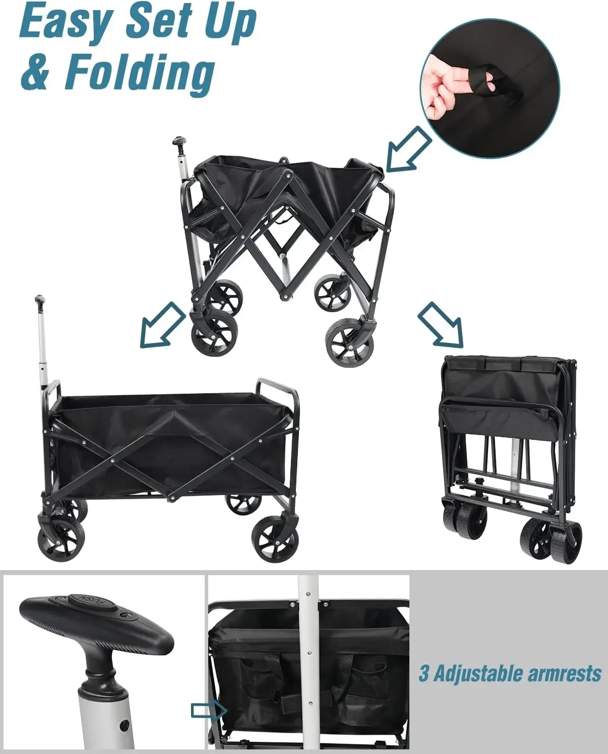Portable Hand Cart Utility Wagon Wheels Collapsible Wagon Two Drink Holders