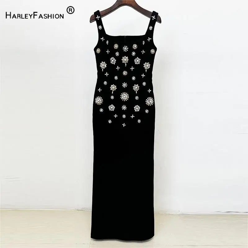 

2024 Europe Style Lady Black Vintage Wear Women Fine Workmanship Rhinestone Beading Sleeveless Slim Fitted Slip Long Dress