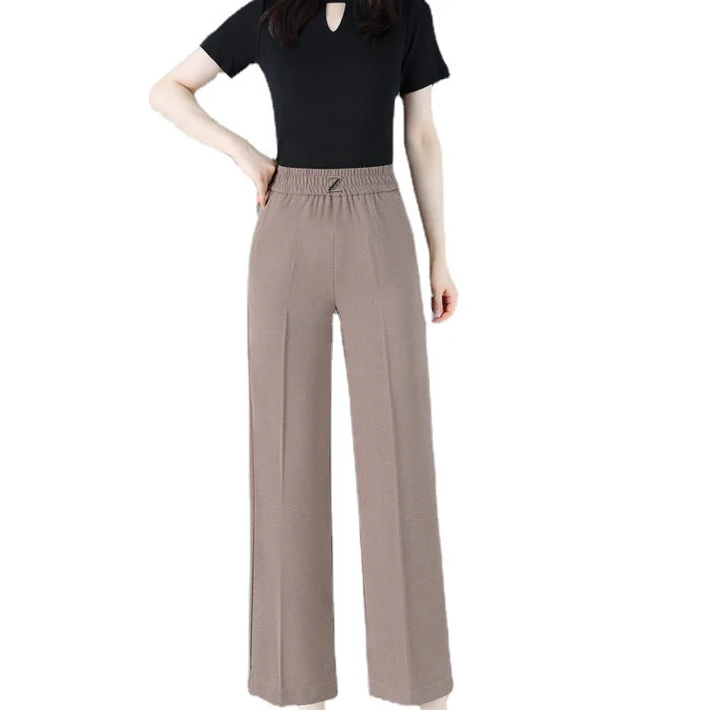 Minimalist Temperament Women's Summer Solid Color Thin Pocket Elastic Casual Fashion Loose Straight Leg Wide Leg Cropped Pants