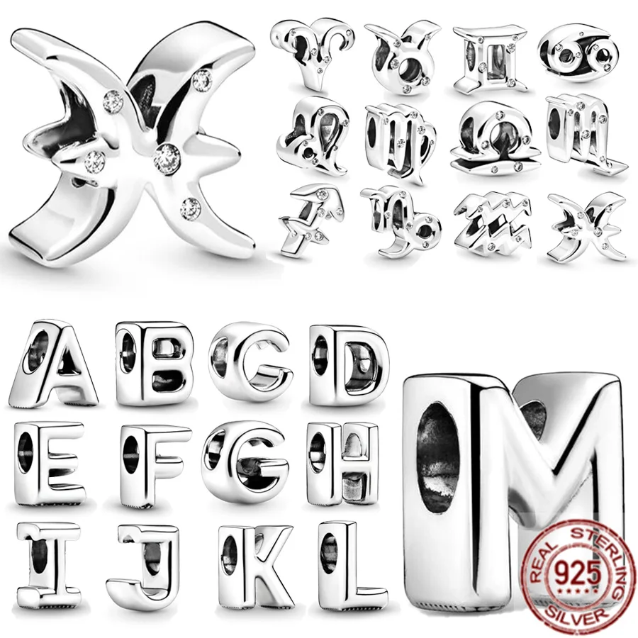 

Hot Sale 26 Letters Alphabet A-Z & 12 Zodiac Constellations Silver 925 Charm Bead Fit Original Pandora Bracelet Fashion Jewelry