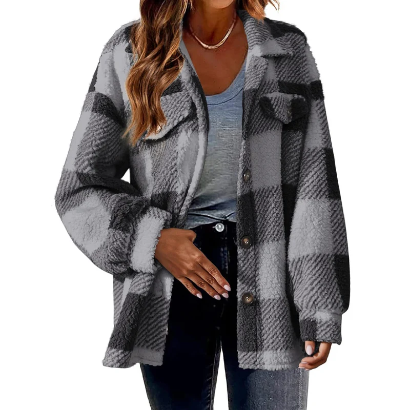2023 Autumn Winter New Fashion Plaid Printing Turn-down Collar Jacket Women Casual Loose Button Pockets Cute Plus Velvet Outwear