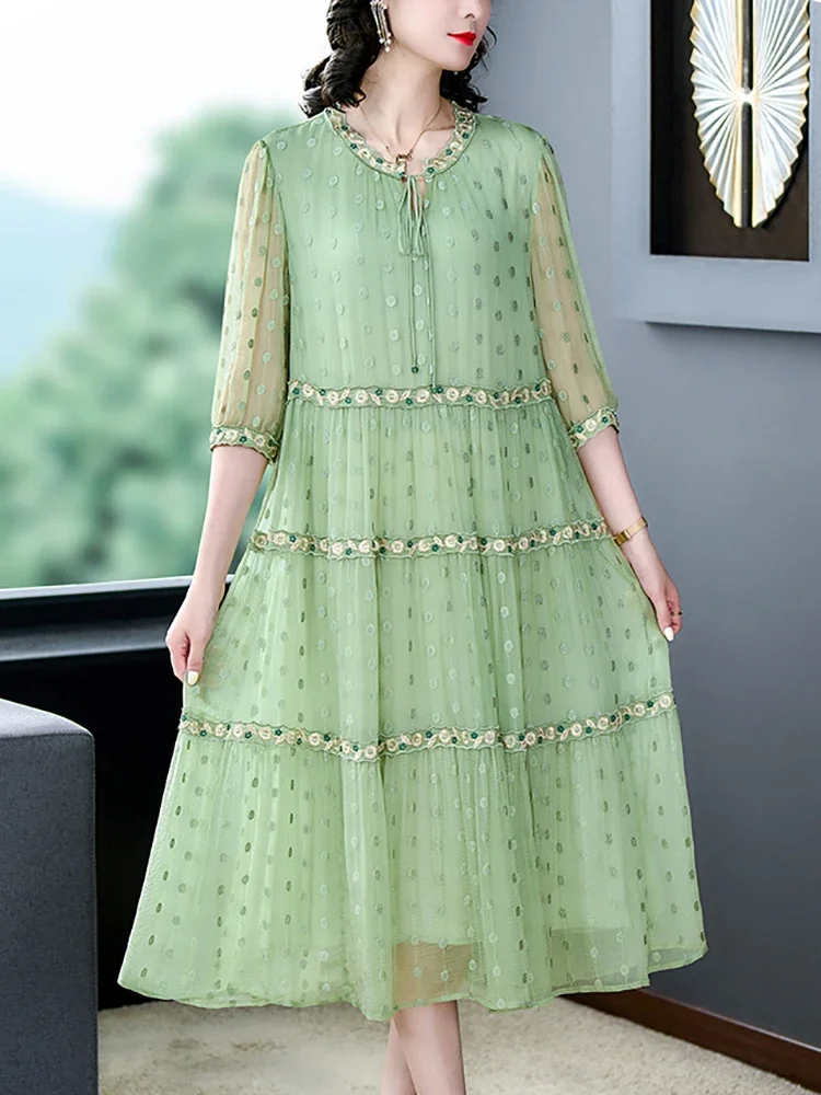 

Women Green Silk Embroidery Polka Long Summer Loose Waist Luxury Party 2024 Korean Fashion Casual Evening Dresses J310
