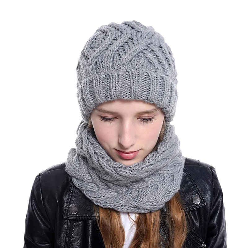 Winter Fashion Wool Hat Scarf Set Womens Knit Cap Bib Two Piece Autumn Winter Female Warm Solid