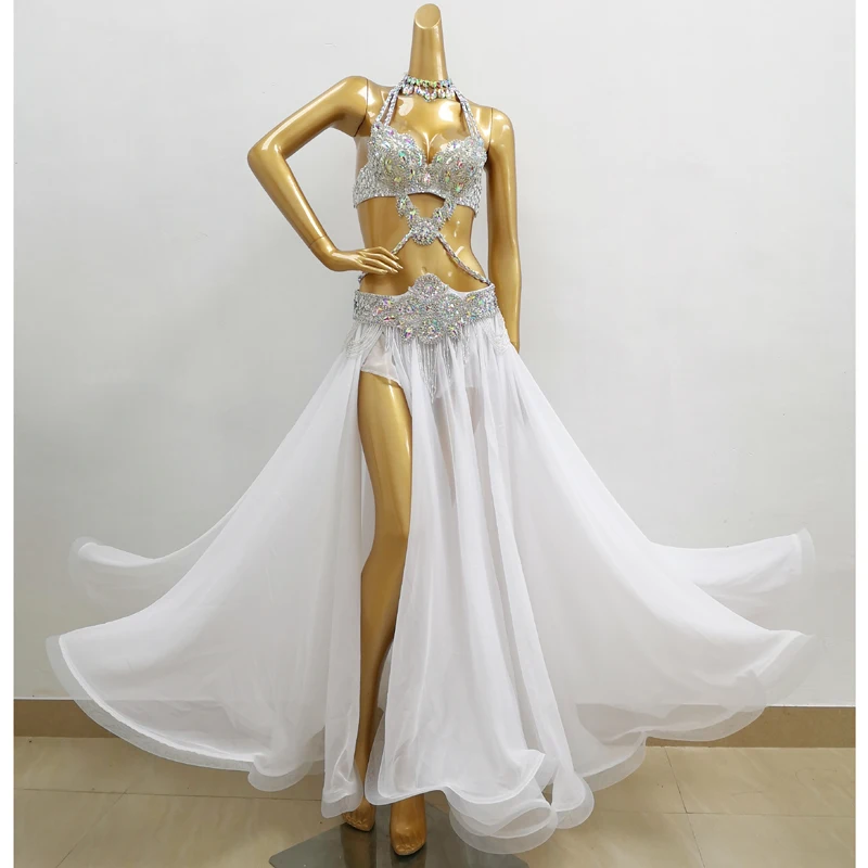 

Silver Wedding Women's Costume Carnival Belly Dance Suit Beads Bra Belt Long Skirt Dress for Proms Party Show Performance Wear