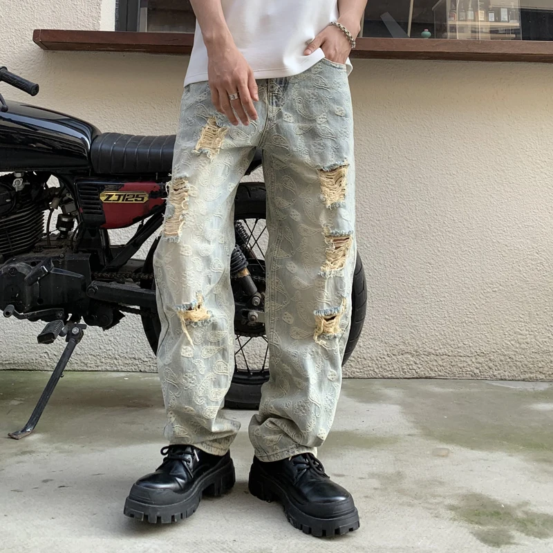 Y2k pants ripped cashew flower embroidery men's loose straight jeans vintage washed streetwear fashion knapwear hombre
