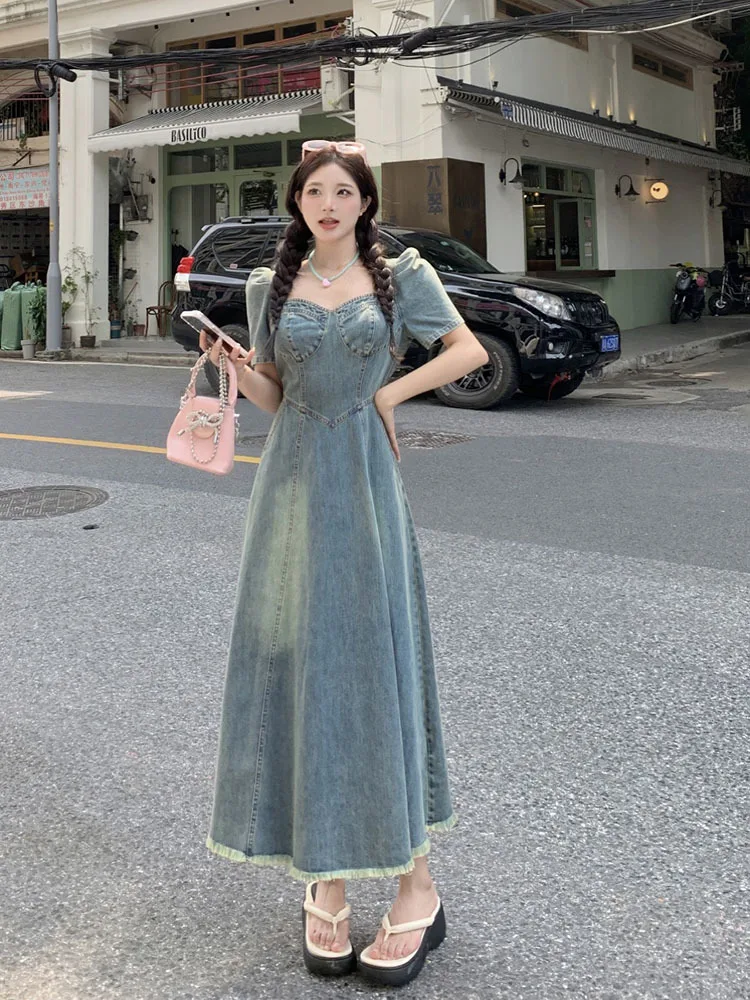 

Elegant Denim Dress for Women 2024 New Fashion Vintage Elegant Square Collar Short Sleeves Dresses Fairycore Solid Dress