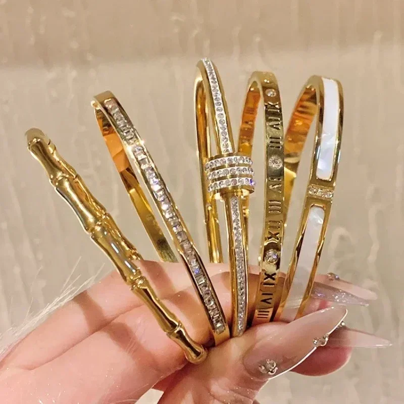 Titanium Steel Gold Silver Color Bangles for Women Girls Trend Waterproof Jewelry Luxury Sparkling Zircon Bracelet Bangle 3