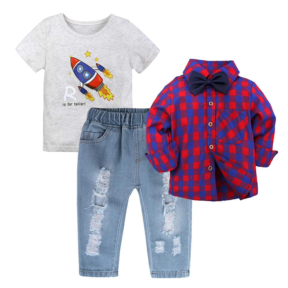 

2024 Autumn Kids Boys Outfits 3PCS Solid Cotton Short T-shirt Gingham Shirt Denim Jeans Casual Suit Clothes Toddler Set 18M-7T