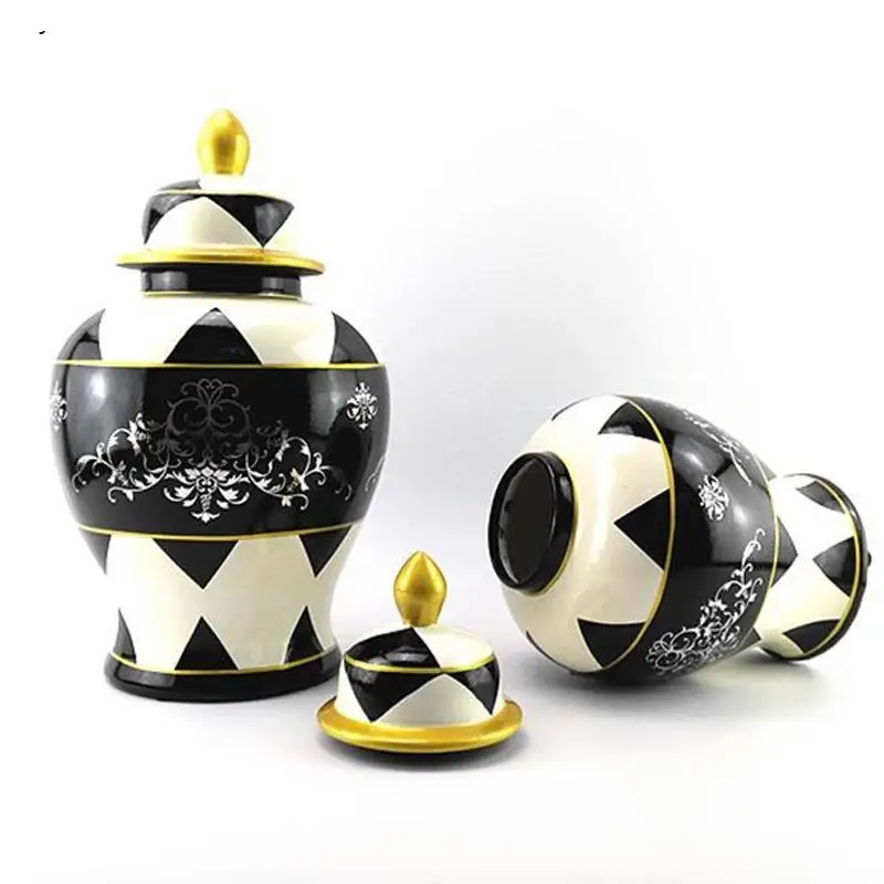 

Black and White Color Geometric Ginger Jar Hand-painted Golden Border Storage Jar Decoration Living Room Decoration Accessories
