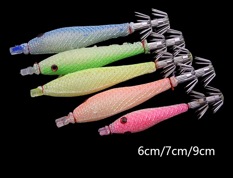 5PCS/bag 6cm7cm9cm Artificial Fluorescent Fishing Lures Squid Hook Cuttlefish Jigs Bait Spinnerbait Wood Shrimps Sea Fishing