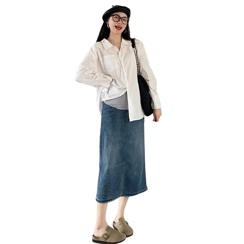 Splits Leg Stretch Denim Skirts for Maternity Spring Summer Elastic Waist Pencil Bottoms for Pregnant Women y2k Youth Pregnancy
