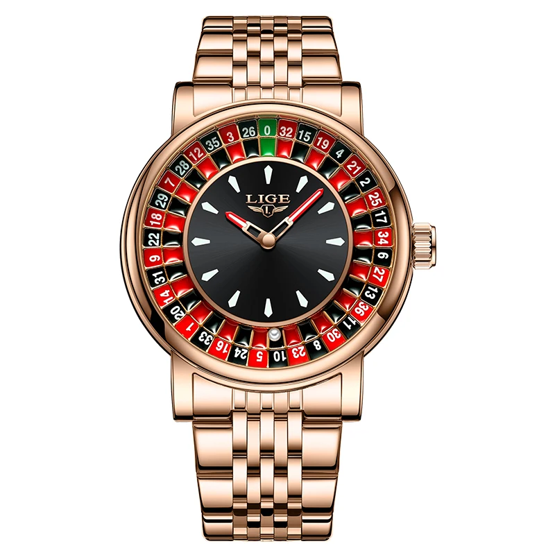 LIGE Men's Fashion Watch with Rotating Dial and Las Vegas Roulette Theme, Waterproof and Luminous