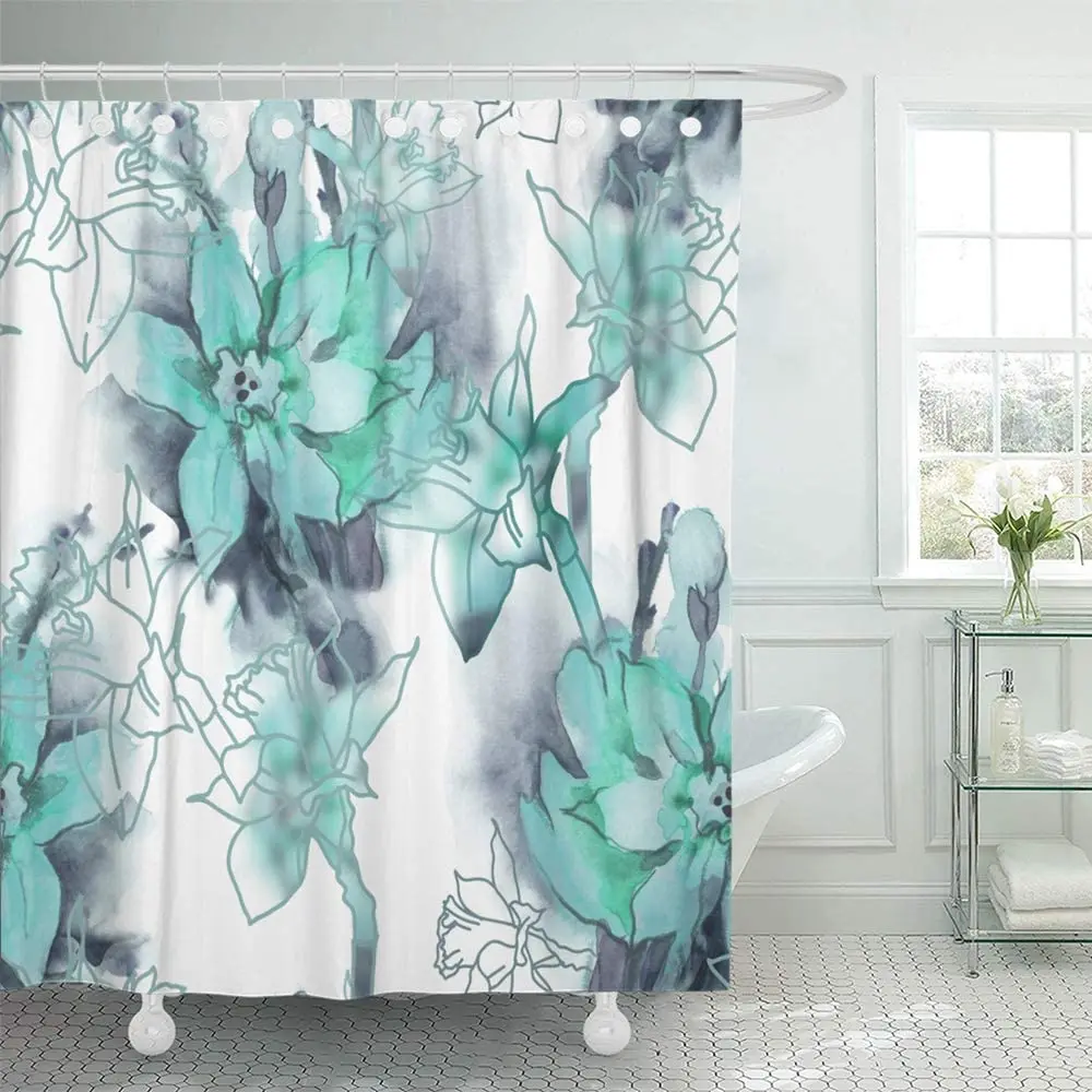 

Shower Curtain Waterproof Blue Teal Floral with Spring Flowers Watercolor Dark Gray Grey Abstract Beautiful Bouquet Bath Curtain