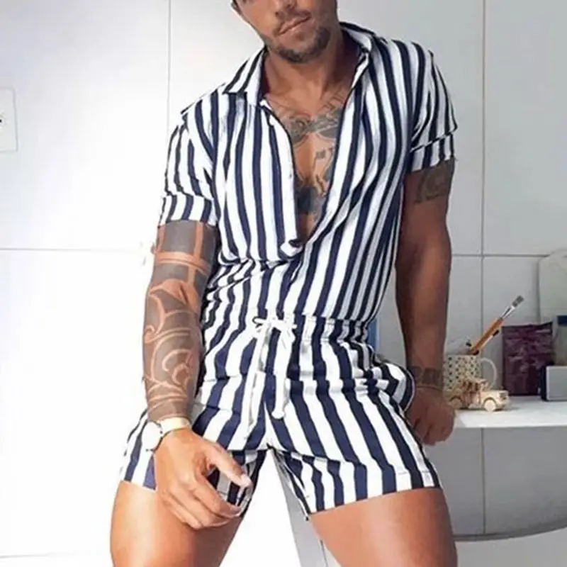 Summer Stripe Jumpsuit Men's Sets Short Sleeved Single Breasted Turndown Collar Lace Up Casual Pants Suit
