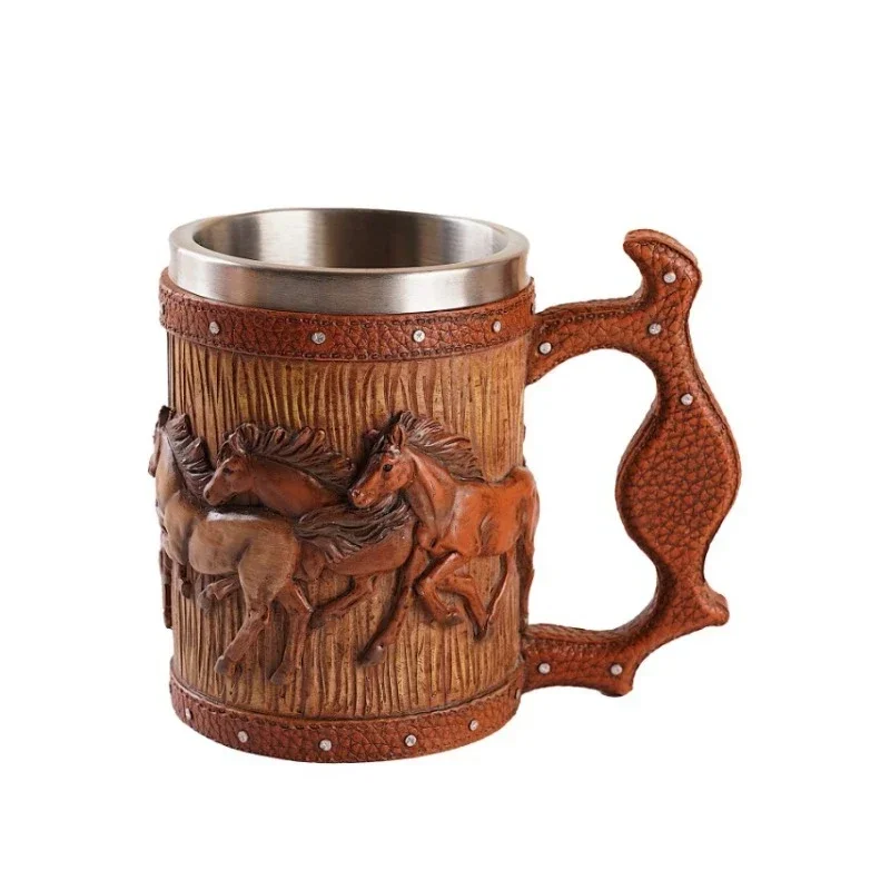 

1pcs 3D Handmade Beer Mug Wood Stainless Steel Cup Running Horses Simulation Wooden Barrel Double Wall Vintage Bar Accessories