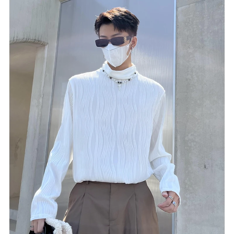 3d Pleated Texture Solid Black White Autumn Winter Turtleneck Soft Casual Long Sleeve Men Harajuku Fashion Oversized Base Tops