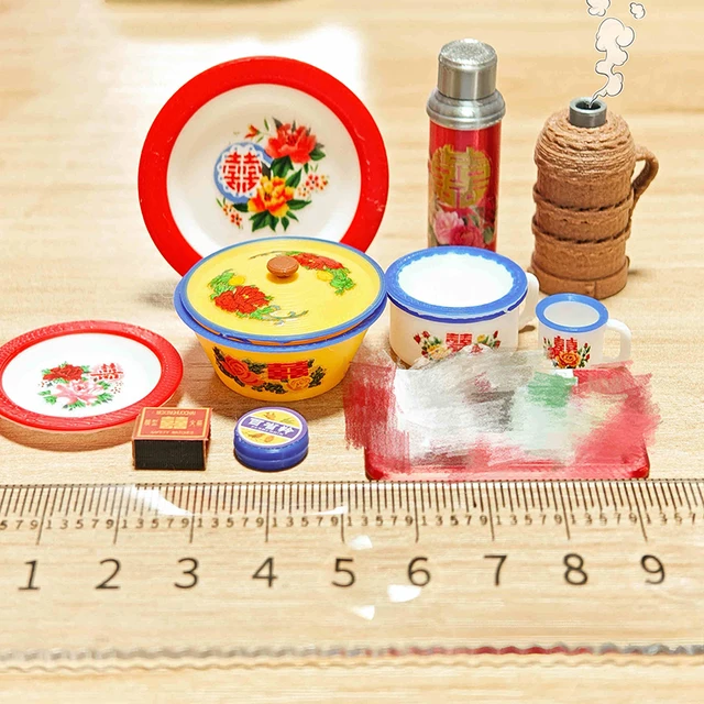 Doll House Miniature Kitchen Accessories Chinese Simulation Match Enamel Bowl Model Miniature Tableware Seasoning Pot 4