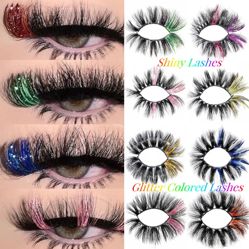 

Wholesale Glitter Ombre Colored Lashes 25MM Mink Lashes Dramatic Colorful Natural Eyelashes Extension Make up Fake Eyelashes