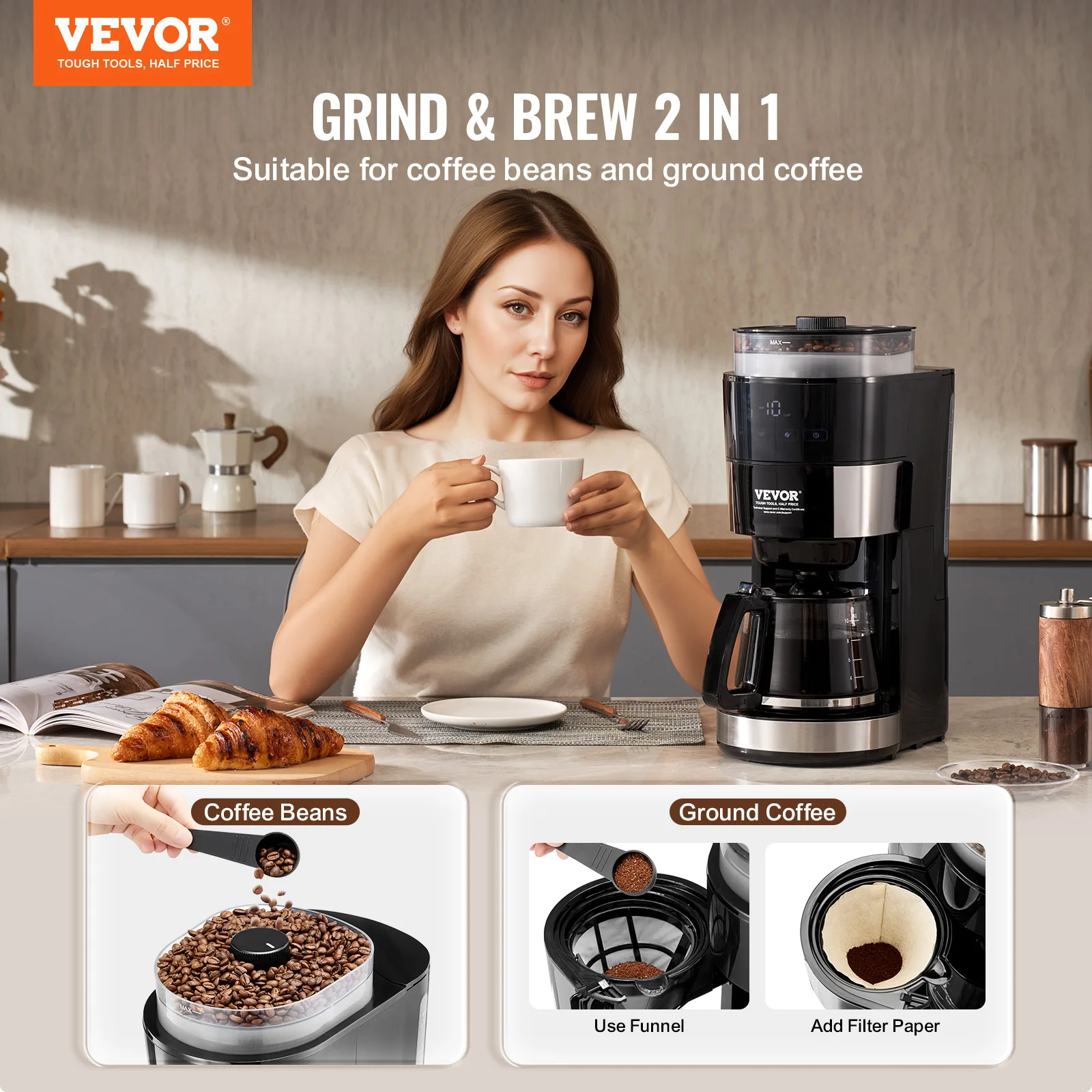 VEVOR 8-12 Cups Coffee Maker with Grinder Grind and Brew Coffee Maker &Adjustable Grinding Coarseness for Home Office Restaurant 2