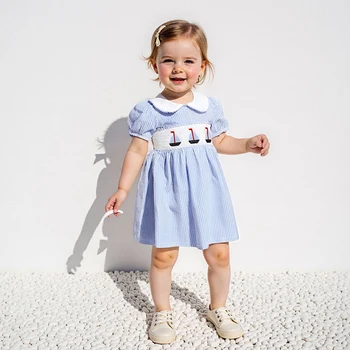 Child Girl Summer Striped A-Line Dress with Doll Collar Short Sleeves and Nautical Embroidery Detail 5