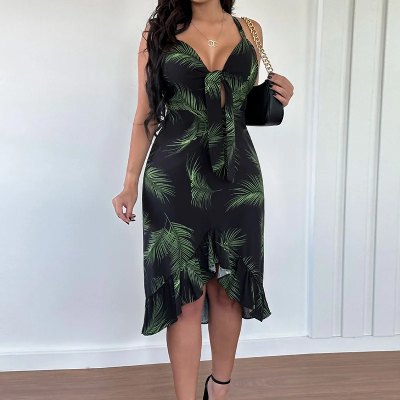 

Cutubly Summer Beach Black Dresses For Women Sexy Camisole Lace Up Hollow Out Ruffled Dress Fashion Backless Slim Fit Dress