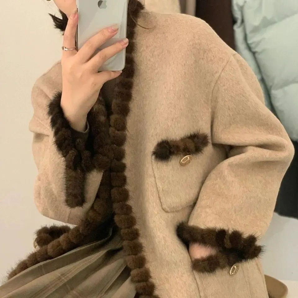 Women's Cashmere Coat Jacket Vintage V-Neck Woman Coat Female Tops Autumn Winter