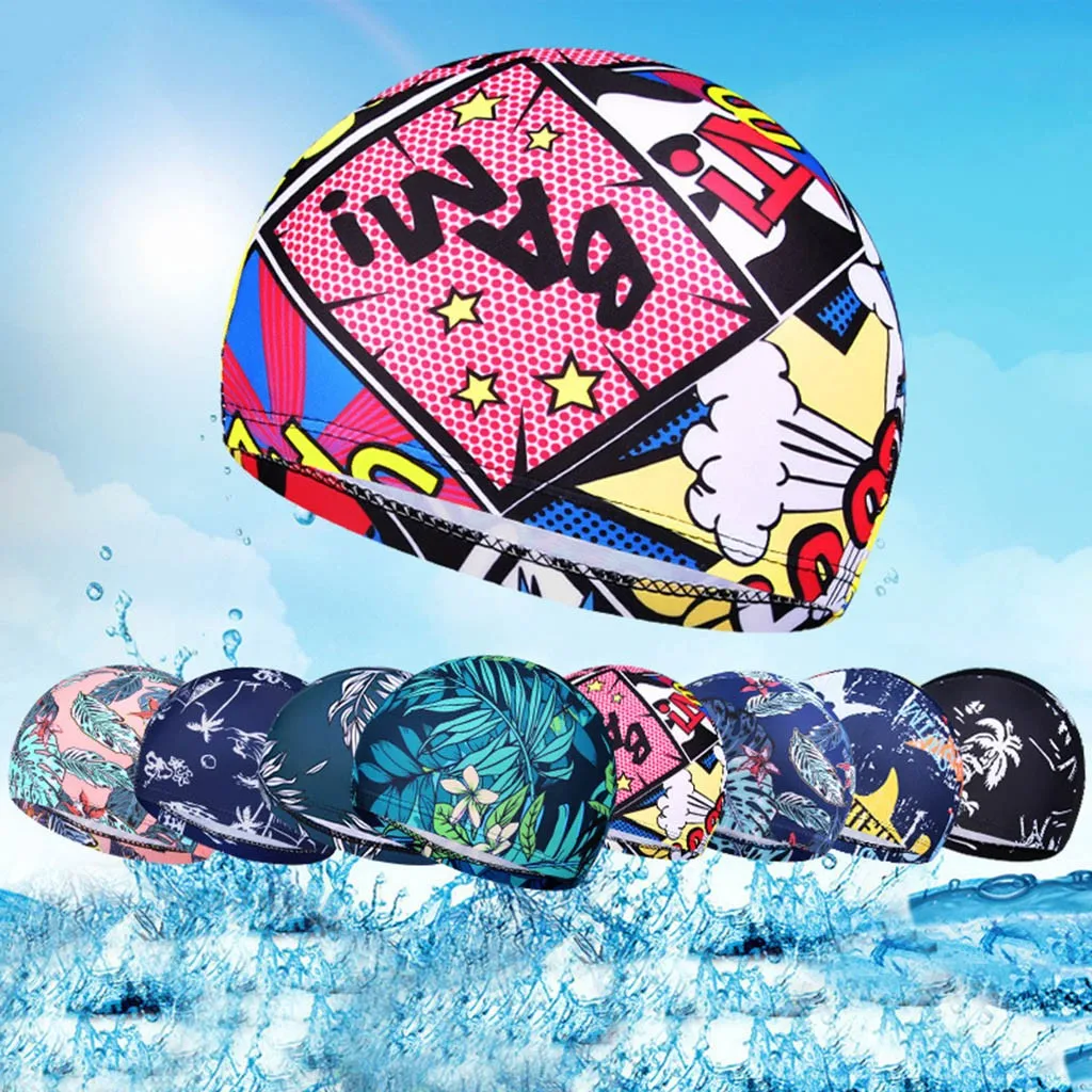 1PC  Fashion Swimming Cap Men/Women Flowers Printed Long Hair Sports Swim Pool Bathing Hat Elastic Nylon Turban Sports Accessory 3
