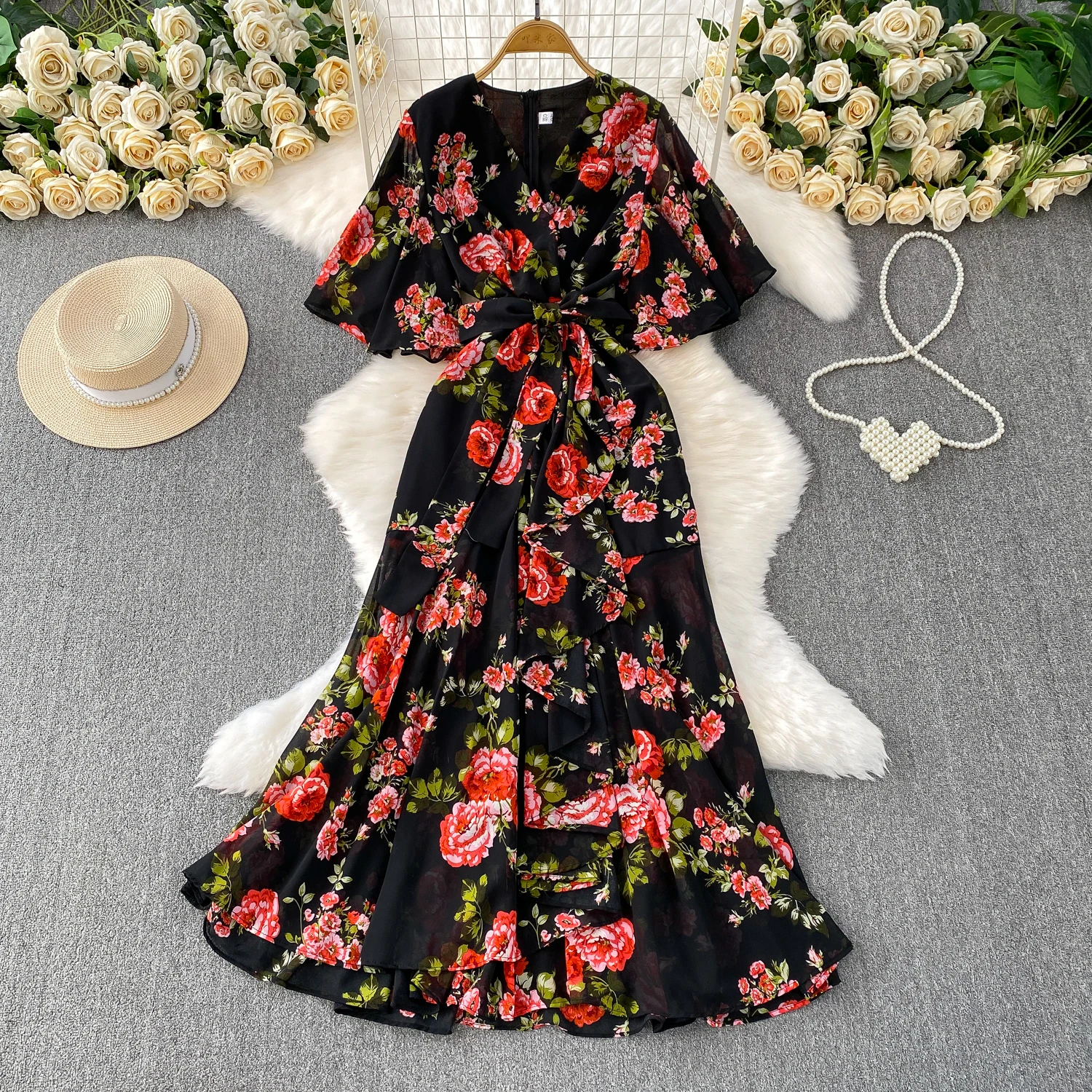 Summer Women Red/White/Yellow Floral Printed Irregular Ruffle Long Dress Vintage V-Neck Puff Sleeve Elegant Dress With Belt New