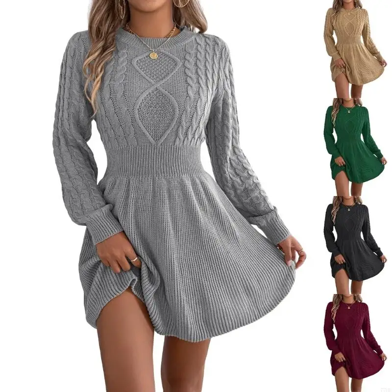 77HE Womens Long Sleeve Dresses Fall Solid Short Waist Knitted Dresses Round Neck Cable Knit Sweater Dress