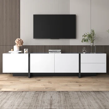 TV Cabinet Low Panel with Colorblocked Legs in High-gloss White and Black with Doors and Drawers with Shelves Simple Line Design