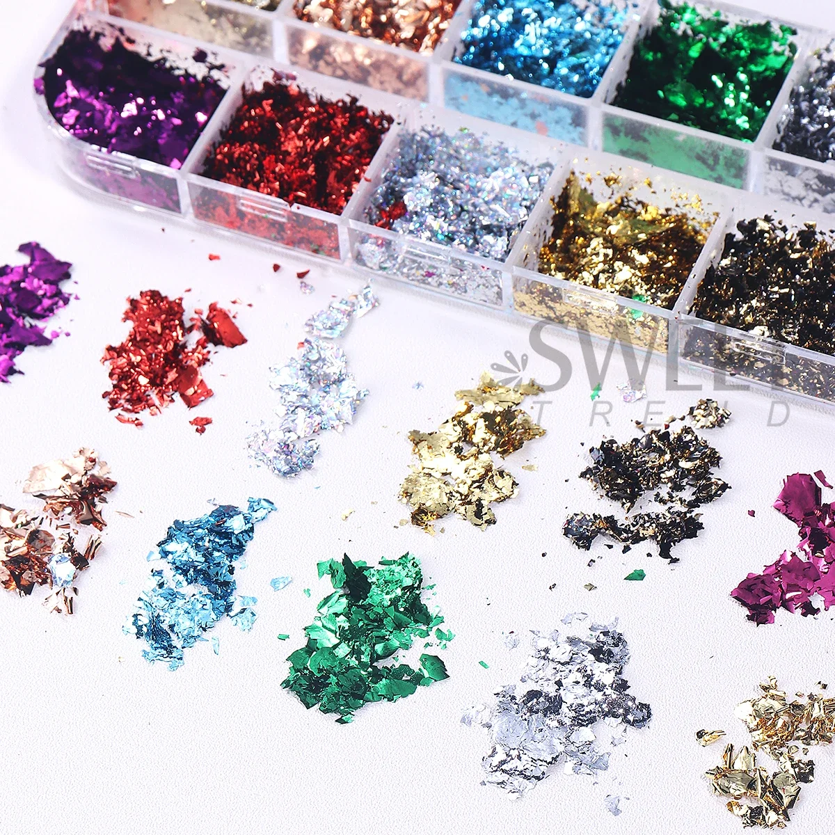 12 Grids Double Color Gold Foils Gorgeous Nail Glitter Sparkles Irregular Random Aluminum Flake Paillette Chip Design Decoration