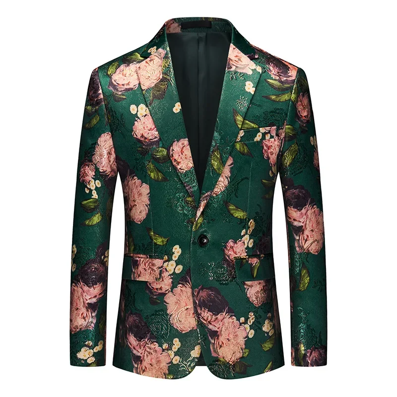 

Men's Business Casual Floral Suit Jacket Slim Fitting Dark Green Jacquard Host Ceremonial Dress Suit