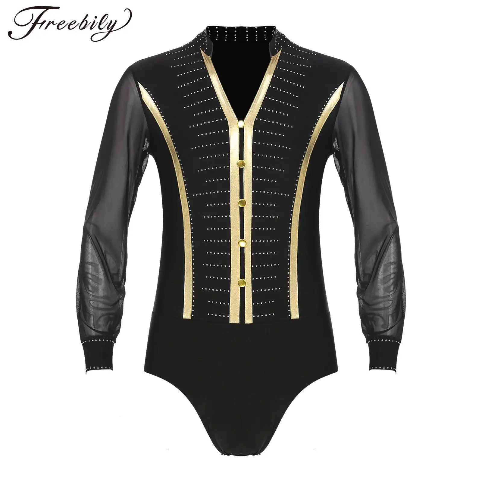 

Mens Latin Dance Costume Shiny Rhinestones Bodysuit Sheer Mesh Long Sleeve Ballroom Samba Dancing Jumpsuits Skating Leotard