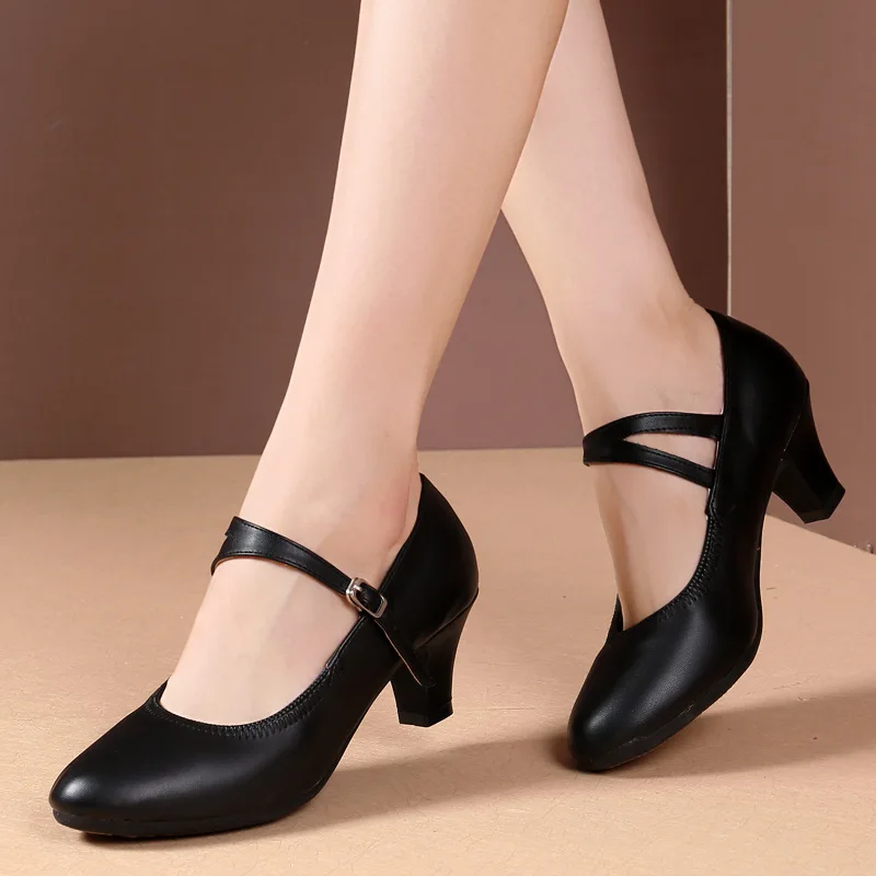 Girls Leather Shoes Latin Dance Shoes Adult Ladies Mid-heel Square Autumn Ballroom Non-slip Genuine Leather Soft Sole Dance Shoe