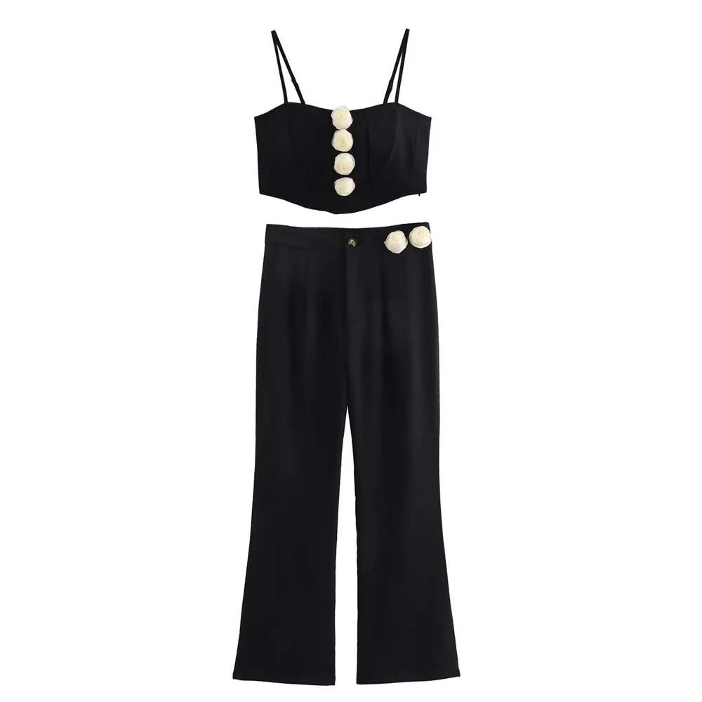 

Женский комплект из жилета и брюк, элегантный черный комплект из 2-х предметов с объемным цветочным принтом на бретельках, мини-топ с открытой спиной и брюки с высокой талией, 2024