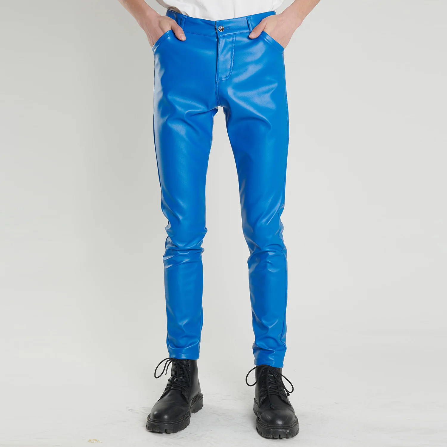 2023 Men's Stretch Slim Pu Leather Pants Youth Fashion Motorcycle Leisure Leather Pants 3