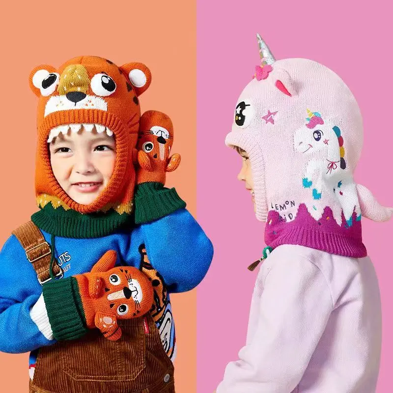 Winter Windproof Knit Hat Cute Children Cartoon Unicorn Scarf Gloves Hat Double Fleece Warmth Boy Girl Child New Beanie Scarfs