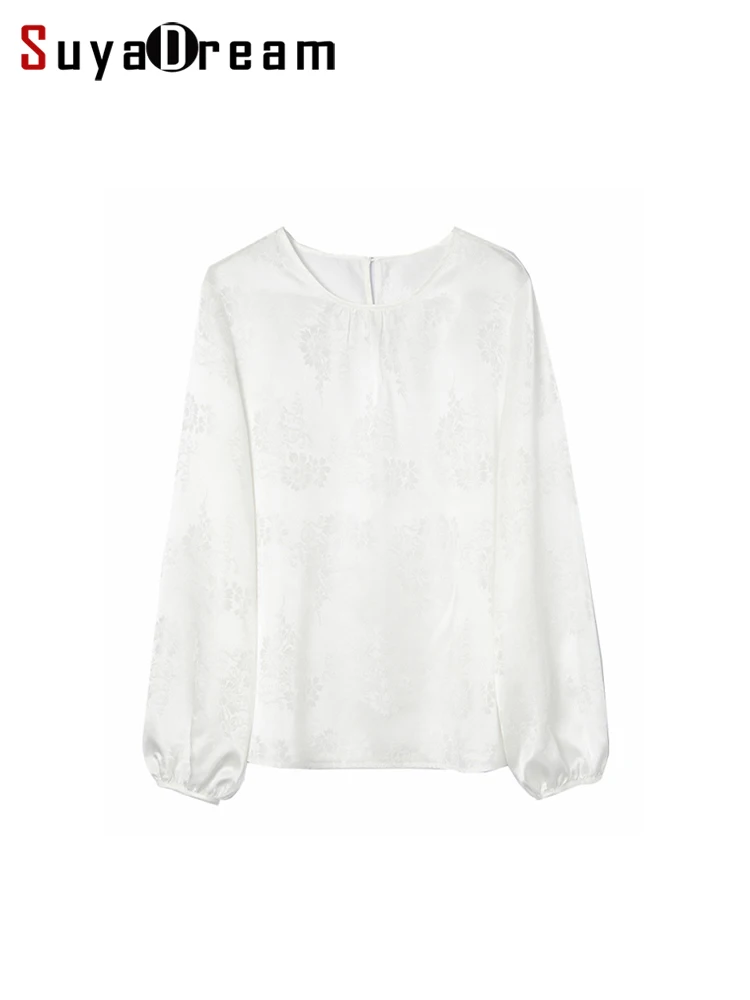 

SuyaDream Women Silk White Blouses 100%Real Silk Long Sleeves Floral Jacquard Shirts 2023 Spring Autumn