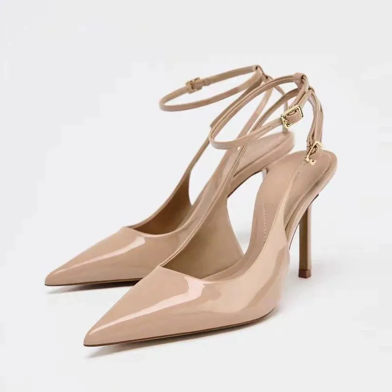 Women Sandals Women High Heels Summer Baotou Patent Leather Stiletto Sandals Women's Pointed Toe Shallow Mouth Slip Strap Non-slip High Heels