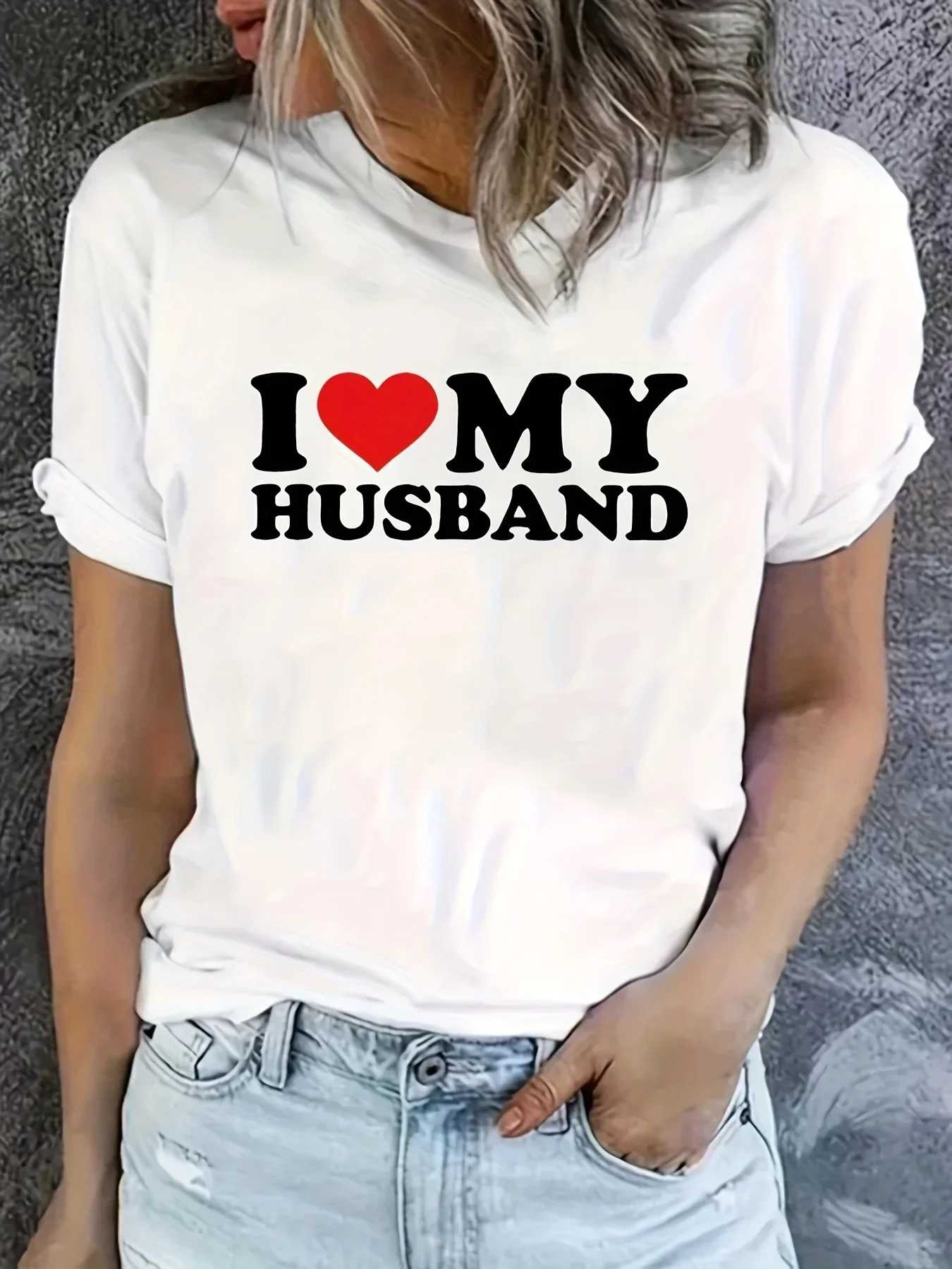 Women's Easy-Care Heart I Love My Husband Print Tee - Comfy Stretch Crew Neck Top for Chic Summer Style 3