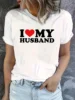 Women's Easy-Care Heart I Love My Husband Print Tee - Comfy Stretch Crew Neck Top for Chic Summer Style 3