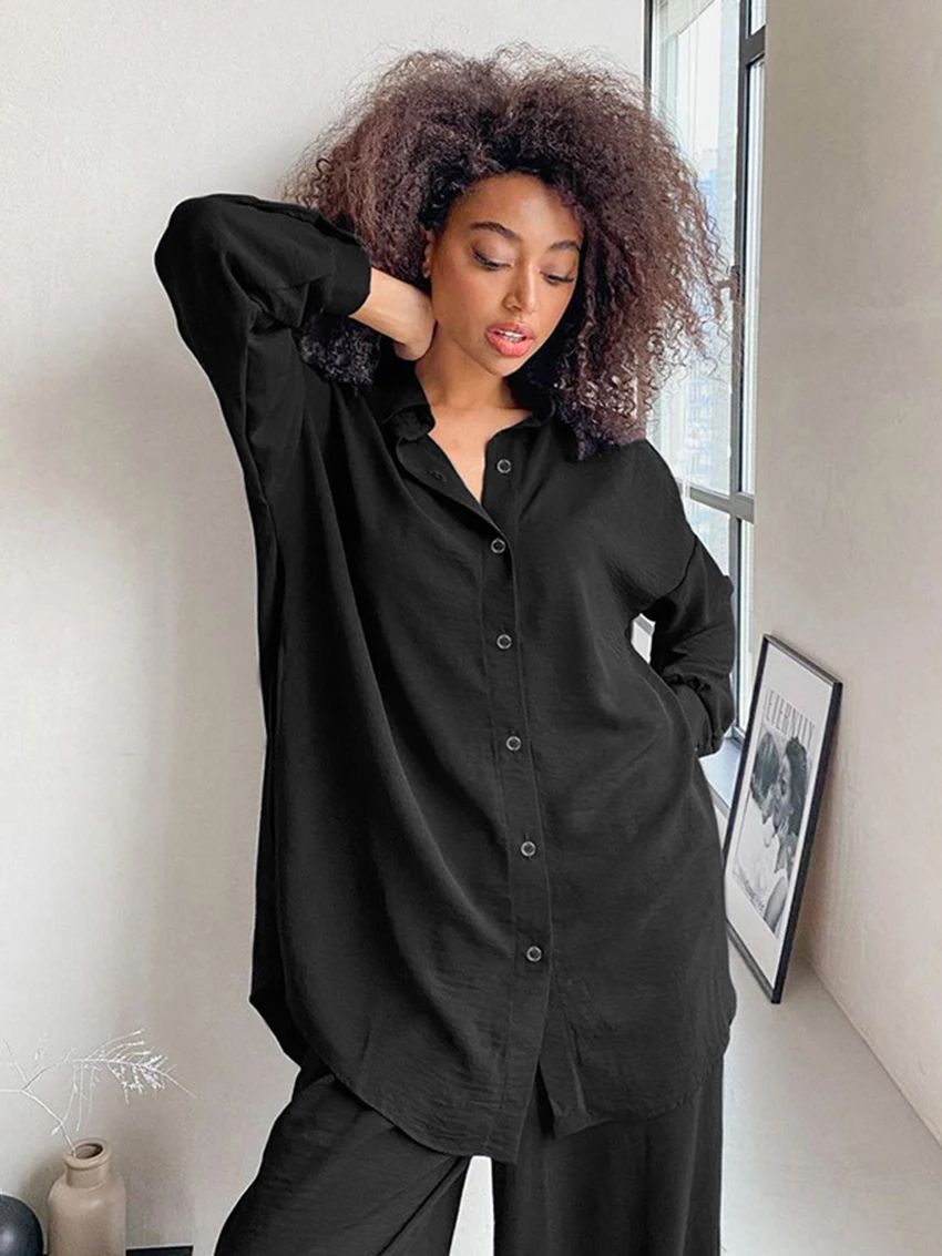 Marthaqiqi Home Clothes Women Long Sleeve Sleepwear Turn-Down Collar Nightwear Wide Leg Pants Winter Ladies Pajamas 2 Piece Set