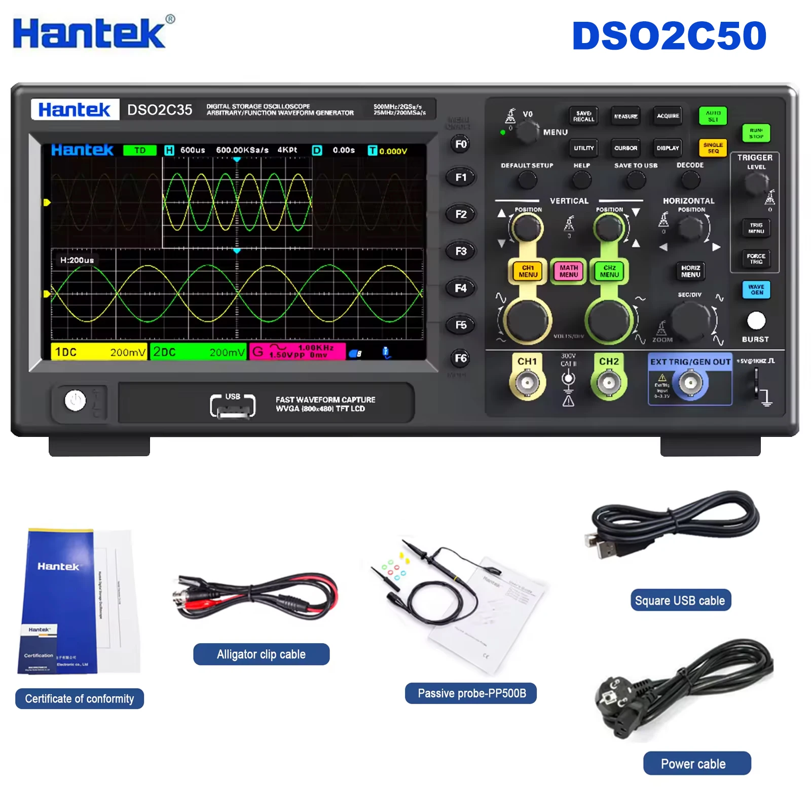 DSO2C35/DSO2D50 Lab Digital Oscillator 200/350/500MHZ, 2CH/2CH+1CH ,2GSa/s 80K U