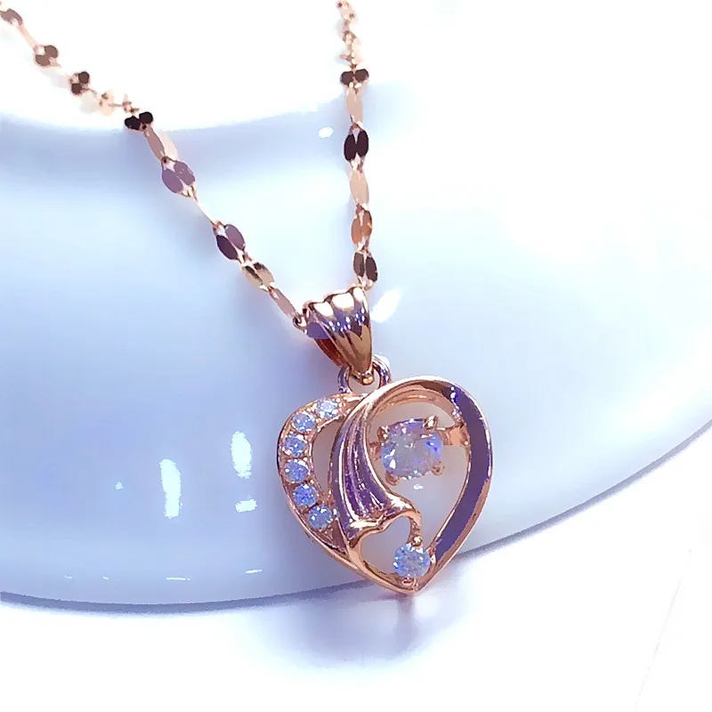 

585 Purple Gold Inlaid Crystal Hollow Heart Neckalce for Woman14K Rose Gold Pendant Fashion Sweet Romantic Engagement Jewelry