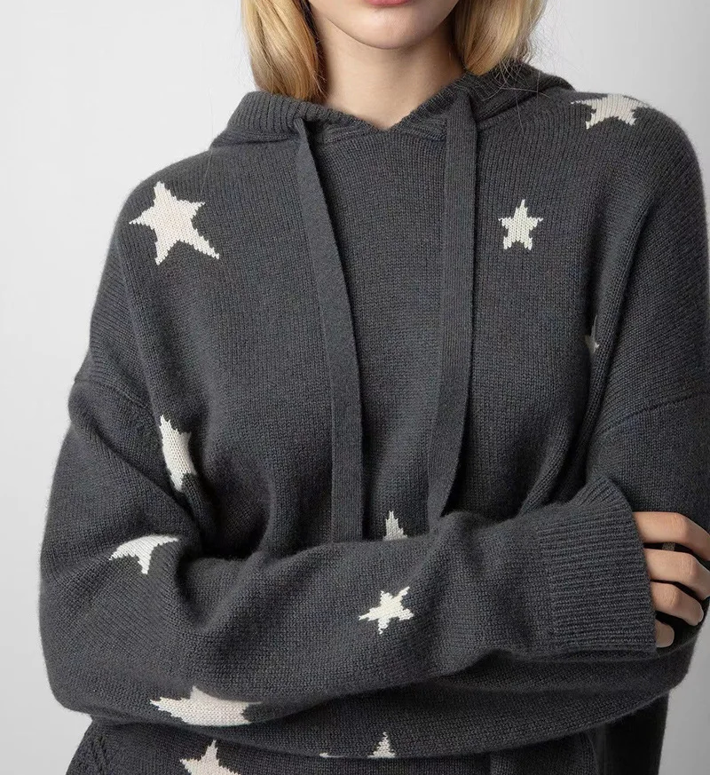 Cashmere Print Hooded Sweater gray  miteigi Women’s Niche  Star Jacquard 100%-Cashmere alpaca woolen Loose Hoodies Sweaters for woman in dark grey Fall Autumn Winter Spring womens fashion season 