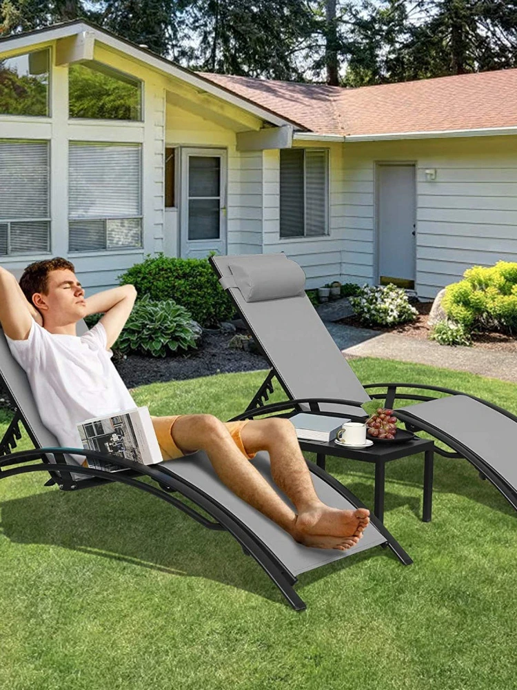 

3Pcs Sun Lounger Recliner Set Aluminum Chaise Lounges,Reclining Chair With 5 Adjustable Backrest, Head Cushion, Table For Garden