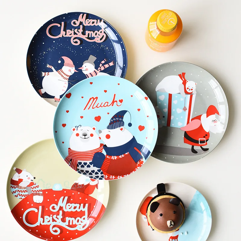

New Year's Day Western-style Dinner Plate Christmas Cartoon Bone China Hand-painted Ceramic Breakfast Plate Kitchen Tableware